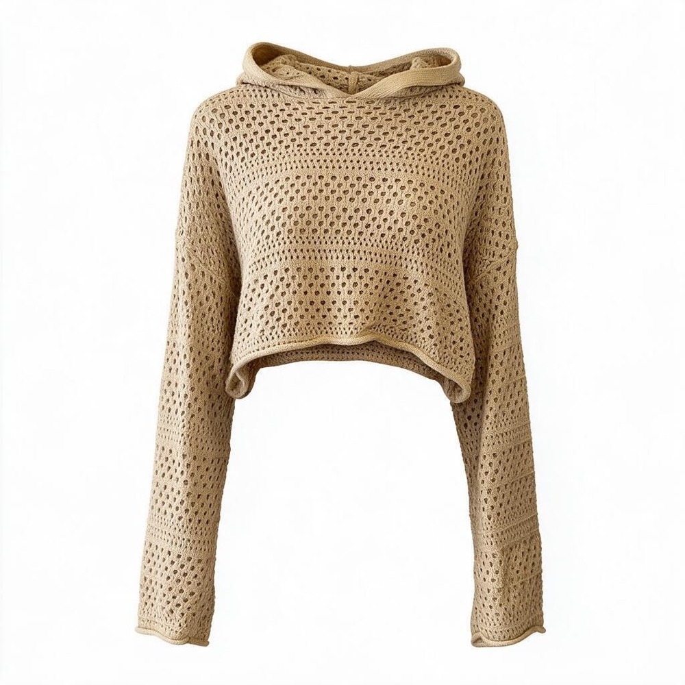 Sincerely Jules Boho Open Knit Cropped Hoodie Tan Small Relaxed Beach Pullover